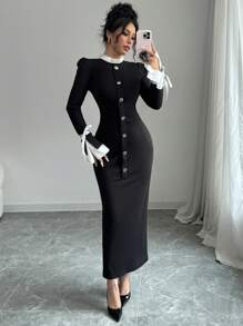Gloray Women's Ruffle Stand Collar Flared Sleeve Fitted Fishtail Hem Elegant Long Dress, Autumn/Winter Maxi Women Outfit