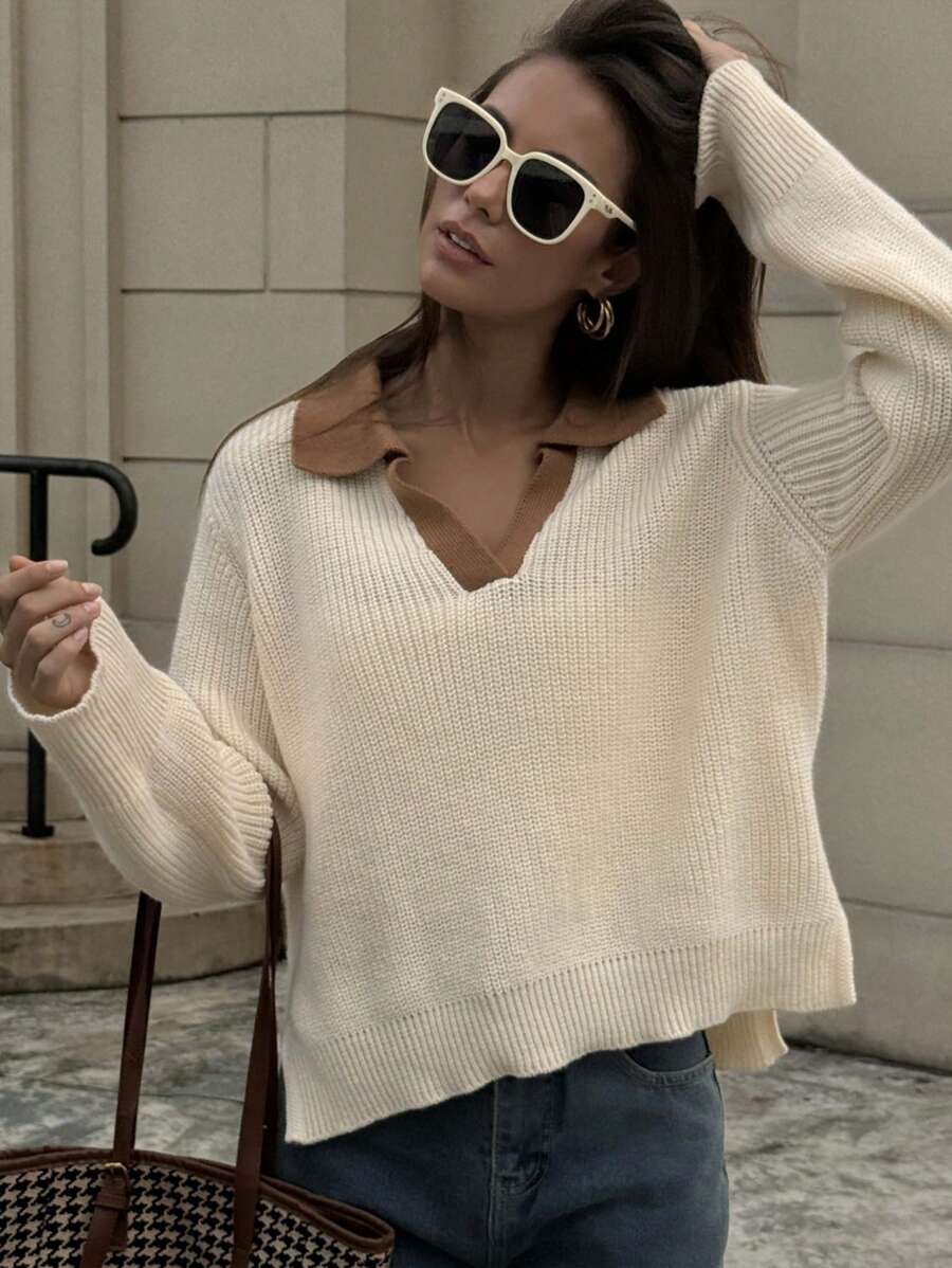 Chiquease Pull simple et décontracté à col V, manches longues, couleur unie. Tricot pour femmes, automne-hiver - Nude - Voir 1
