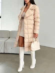 EURMUSE Solid Snap Button Front Belted Padded Coat For Winter And Autumn - Beige - View 5