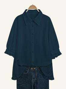 Calvaya Plus Size Solid Color Front Button Ruffle Hem Long Back Short Front Casual Shirt - Teal Blue - View 1