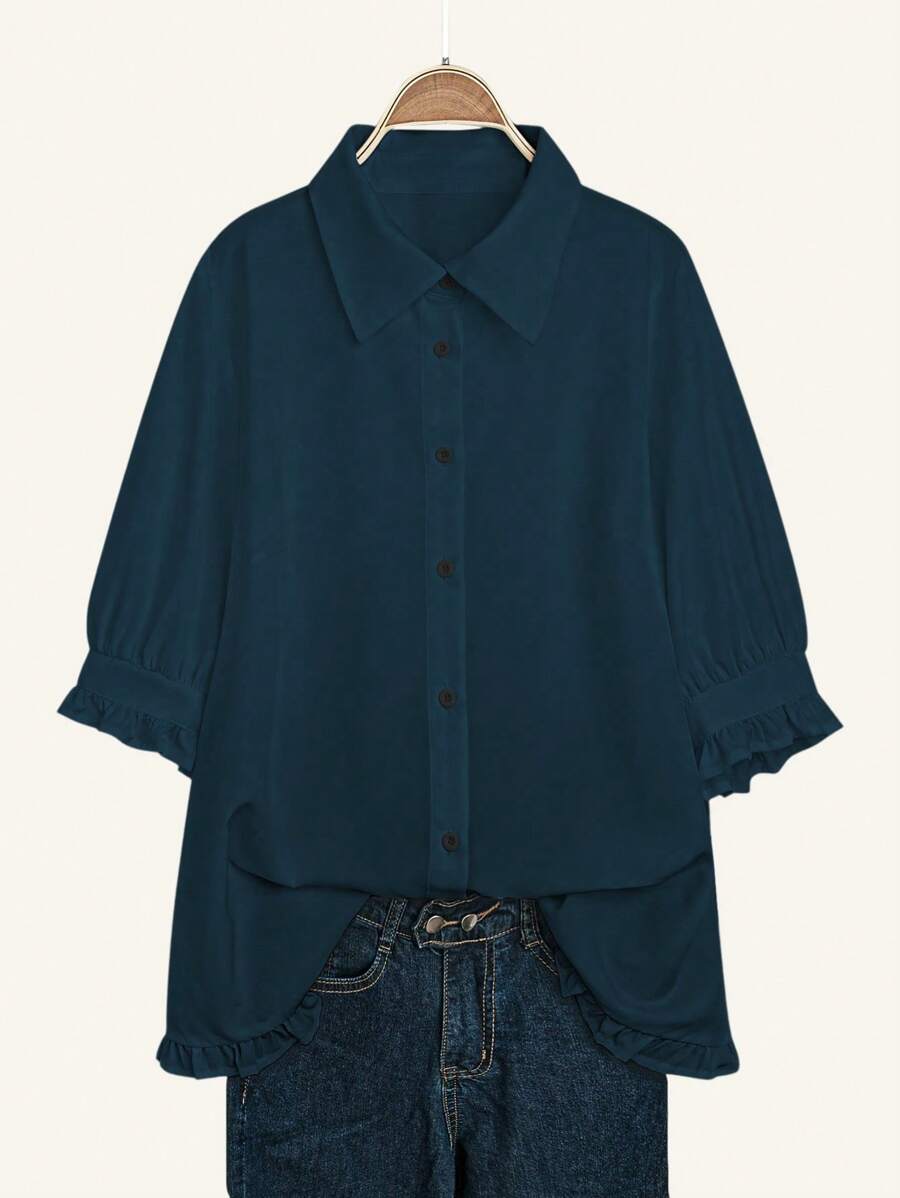Calvaya Plus Size Solid Color Front Button Ruffle Hem Long Back Short Front Casual Shirt - Teal Blue - View 1