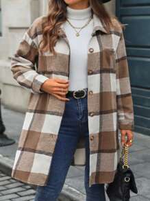 INAWLY Women's Single-Breasted Long Sleeve Plaid Long Loose Chest Pocket Comfortable Fashionable Casual Jacket, Autumn/Winter Fall - Coffee Brown - View 3