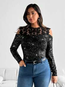SHEIN Clasi Camisa ajustada de hombros caídos con encaje de contraste, elegante para otoño, talla grande