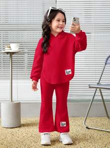 Leap Crew 2pcs/Set Young Girl Toddler Coordinating Hoodie Sweatshirt With Asymmetrical Hem And Pants - Red - View 1