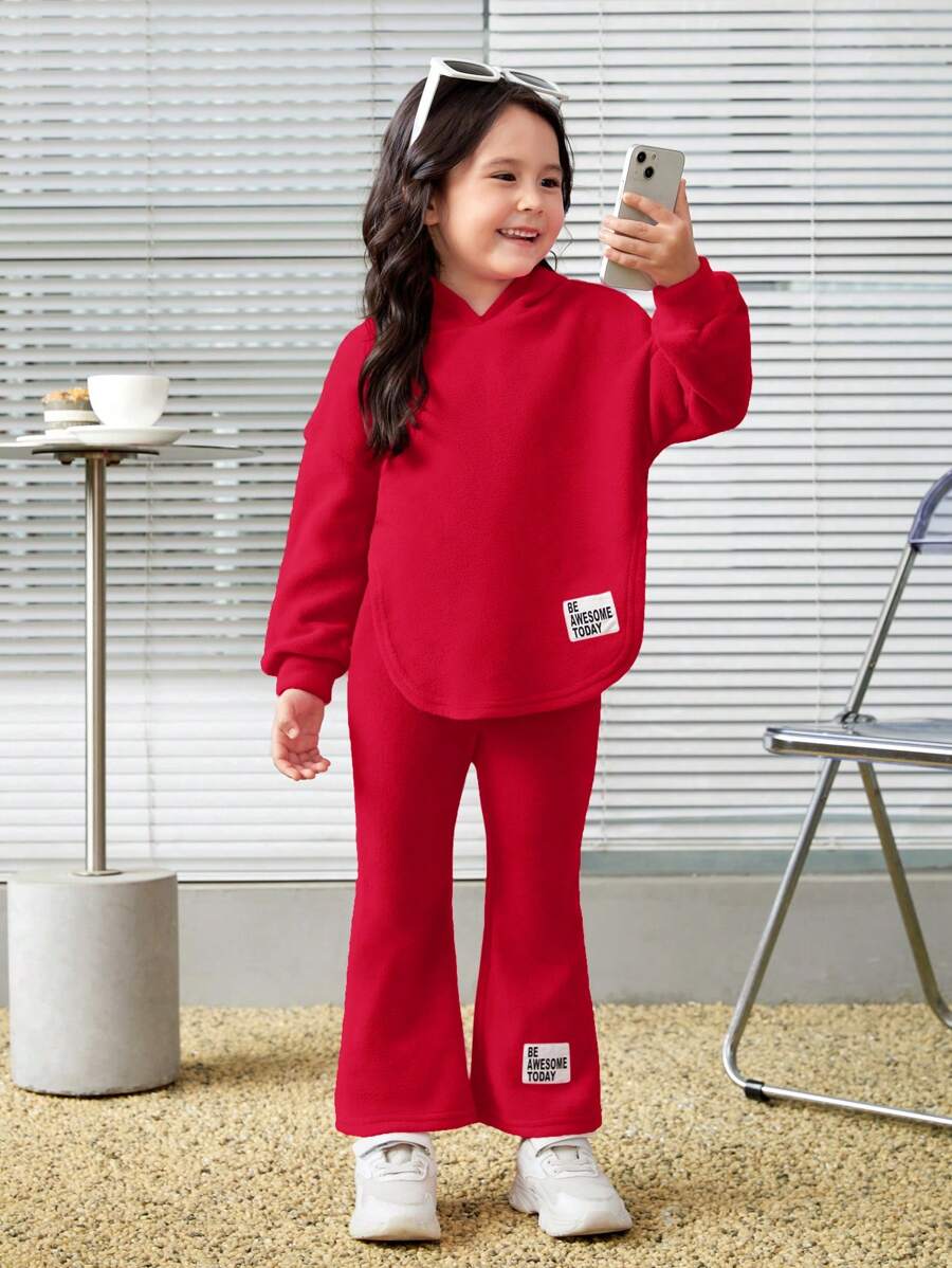 Leap Crew 2pcs/Set Young Girl Toddler Coordinating Hoodie Sweatshirt With Asymmetrical Hem And Pants - Red - View 1