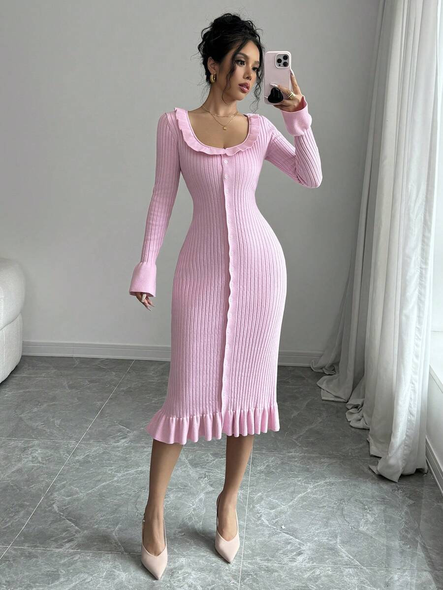 Elenzga Women's Ruffle Collar & Cuff Slim Fit Sweater Dress - Pink - View 1