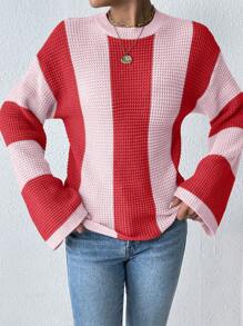 Calvaya Suéter de mujer informal con cuello redondo, contraste de color, hombro caído y manga acampanada, para otoño/invierno