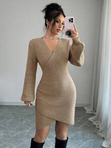 SHEIN Unity Women's V-Neck Lantern Sleeve Pleated Waist Casual Dress, Elegant Style For Autumn/Winter - Khaki - View 3