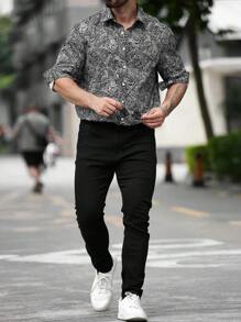Manfinity LEGND Plus Size Men Casual Everyday Paisley Print Button Front Long Sleeve Shirt, Autumn, Street Wear, Going Out, Fancy Shirts For Men
