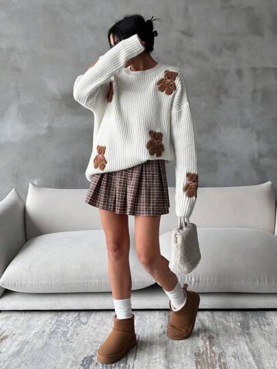 EURMUSE Women Round Neck Oversize Drop Shoulder 3d Mini Teddy Bear Patched Pattern Cute Drop Shoulder Sweater Pullover