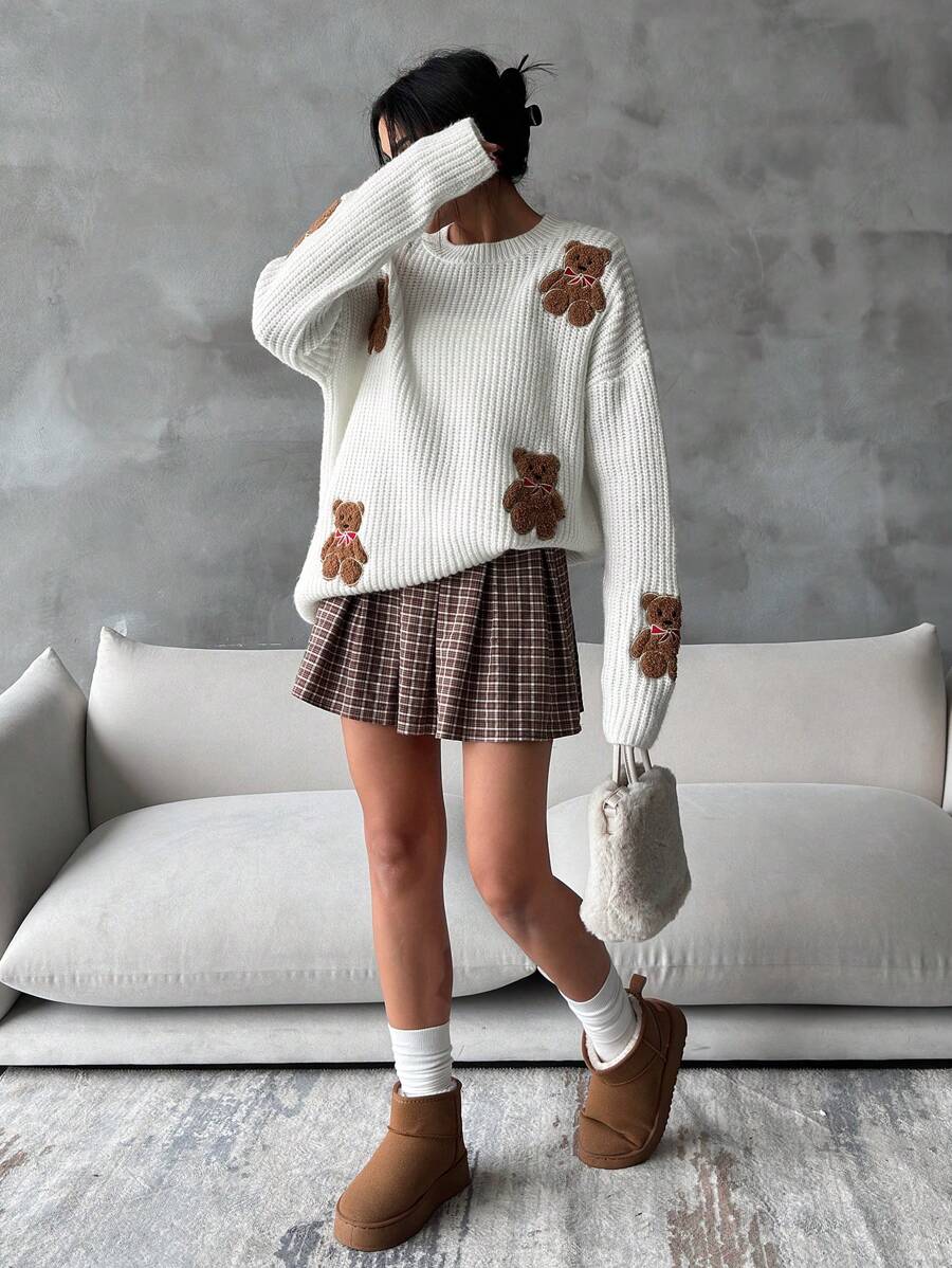 EURMUSE Women Round Neck Oversize Drop Shoulder 3d Mini Teddy Bear Patched Pattern Cute Drop Shoulder Sweater Pullover - White - View 1