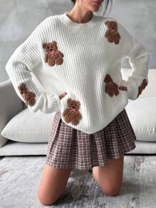 EURMUSE Women Round Neck Oversize Drop Shoulder 3d Mini Teddy Bear Patched Pattern Cute Drop Shoulder Sweater Pullover - White - View 4