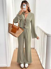 SHEIN Frenchy Winter Women Clothes 2pcs Women Casual Solid Bell Sleeve Front Tie Up Shirt And Loose Flared Pants Set, Women Set Thanksgiving Women Outfit Winter Women Coat Two Pieces Outfits Christmas Outfits Green - Green - View 3