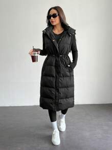 SHEIN PETITE Long Hooded Black Winter Vest Jacket - Black - View 1