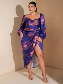 SHEIN BAE Plus Size Women Elegant Daily Holiday Date Cocktail Date Night Formal Party Loose Ruffled Neck Split Hem Printed Mid-Len Dress Autumn Pink Falfall - Purple - View 7
