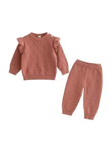 Baby Girl Textured Ribbed Solid Color Ruffled Long Sleeve Top & Tapered Pants Knit Sweater Set - Coral Orange - View 3
