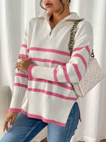 Chiquease Áo len dáng rộng, vai rớt, kẻ sọc, khóa kéo nửa thân, thích hợp cho mùa thu/đông. - Nhiều màu - Xem 6