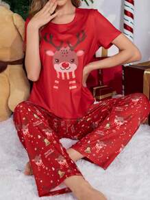 Women Christmas Cute Reindeer Print Red Pajamas Set, Summer Clothes - Multicolor - View 4