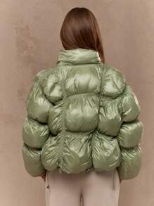 MISSGUIDED Winter Puffer Jacket Quilted Stand Collar Crop Bubble Outerwear High Neck Soft Touch Puffy Casual Streetwear Autumn Coat - Olive Green - View 3