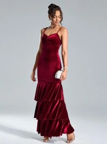 SHEIN Belle Váy dạ hội thời trang mùa thu đông cho nữ, váy nhung co giãn ba lớp bèo nhún cỡ lớn màu đỏ tía, váy dạ hội trang trọng cho nữ, thiết kế xếp nếp ba lớp tạo cảm giác thời trang và vui tươi, thích hợp cho tiệc tối và Giáng sinh, váy dạ hội thanh lịch, cho khách dự tiệc cưới, tốt nghiệp, tiệc tối - Màu Đỏ Sâu - Xem 6