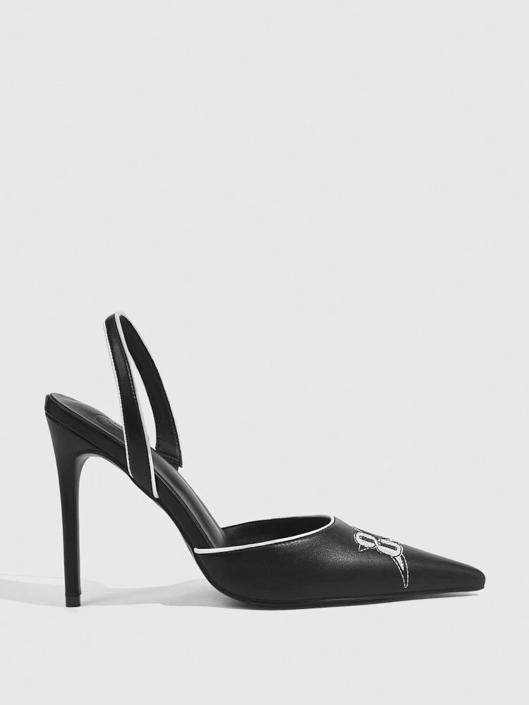 CUCCOO SZL Pointed-Toe Stiletto High Heel Red Letter Embroidered Sexy Back Strap Women Pumps For Christmas And New Year Holiday Vibe Fall And Winter