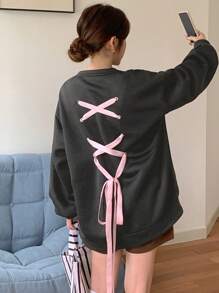 DAZY 1pc Women's Tie-Wrap Decor Core Black & Pink Sweatshirt - Dark Grey - View 5