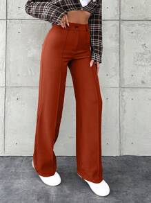 EURMUSE Women's Solid Color Front Button Simple Casual Suit Pants - Rose Red - View 6