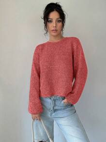 SHEIN Unity 女士休闲宽松露背系带毛衣，秋冬季百搭针织套头衫 - 紅色 - 查看 7