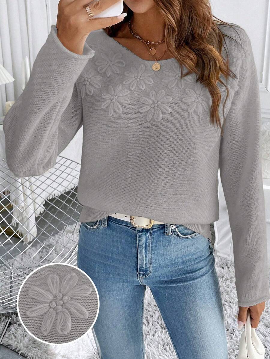 Chiquease 秋冬季休闲纯色 3D 花朵装饰套头衫 - 灰色 - 查看 1