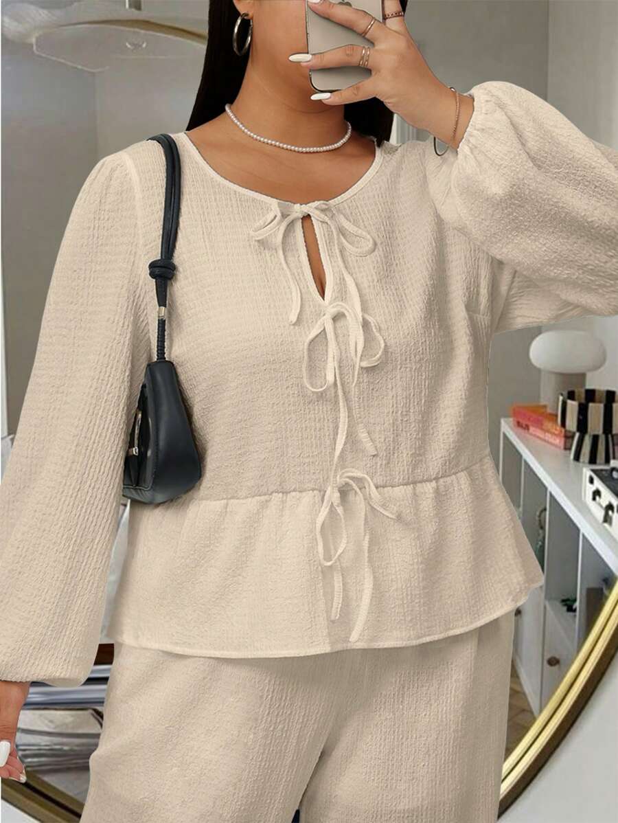 INAWLY Áo cánh rộng tay loe buộc nơ phía trước màu trơn cỡ lớn cho nữ, mùa xuân và mùa thu - Màu be - Xem 1