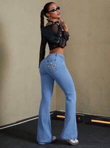 SHEIN ICON Cross Embroidered Washed Flared Leg Jeans, Casual & Versatile, Suitable For Spring & Autumn