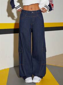 SHEIN ICON Quần Jeans Ống Rộng Viền Thô Rộng Rãi Cho Nữ, Xuân/Thu - Rửa tối - Xem 3