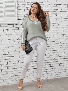 SHEIN LUNE Plus Size Casual V-Neck Loose Knit Sweater With Sequin Patchwork, Suitable For Autumn/Winter - Grey - View 5
