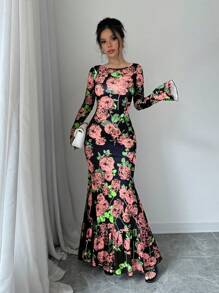 Chiquease Women Full Floral Print Crew Neck Long Sleeve Casual Dress Maxi Women Outfit - Pink - View 3