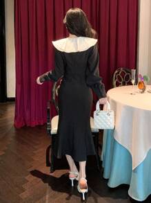 DAZY Color Block Ruffle Collar Bow Decor Women's Midi Dress, Birthday ,New Year Eve Prom Dress,Fall Clothes - Black - View 2