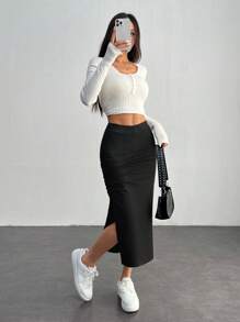 SHEIN PETITE 1pc Women Plain Color Split Pleat Minimalist A-Line Skirt, Casual Daily Wear