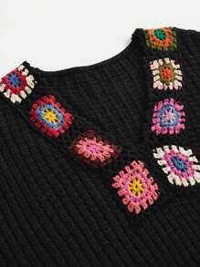 Teens Girls' Black Honeycomb Texture Crochet Decor Collar Sweater Dress, Elegant And Fashionable Design - Black - View 5