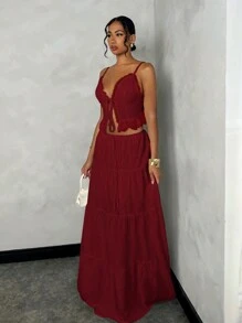 SHEIN BAE 女士夏季海滩度假浪漫约会日常穿着吊带背心蕾丝贴片系带短款上衣 + 低腰褶皱长裙套装，白色亚麻面料