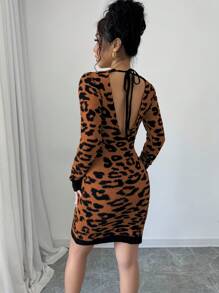 Selianne 1pc Women's Autumn Long Sleeve Fitted Fashionable Leopard Print Backless Sweater Dress Fall Cloth For Women - Coffee Brown - View 2