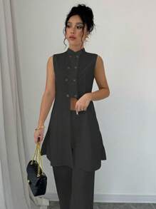 Chiquease 女士纯色纽扣无袖简约休闲上衣 - 黑色 - 查看 6