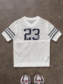 Manfinity Campus Court Aesthetic Post--Men's Casual Contrast Stripe & Numeric Perforated Knit Top, Summer - Multicolor - View 1