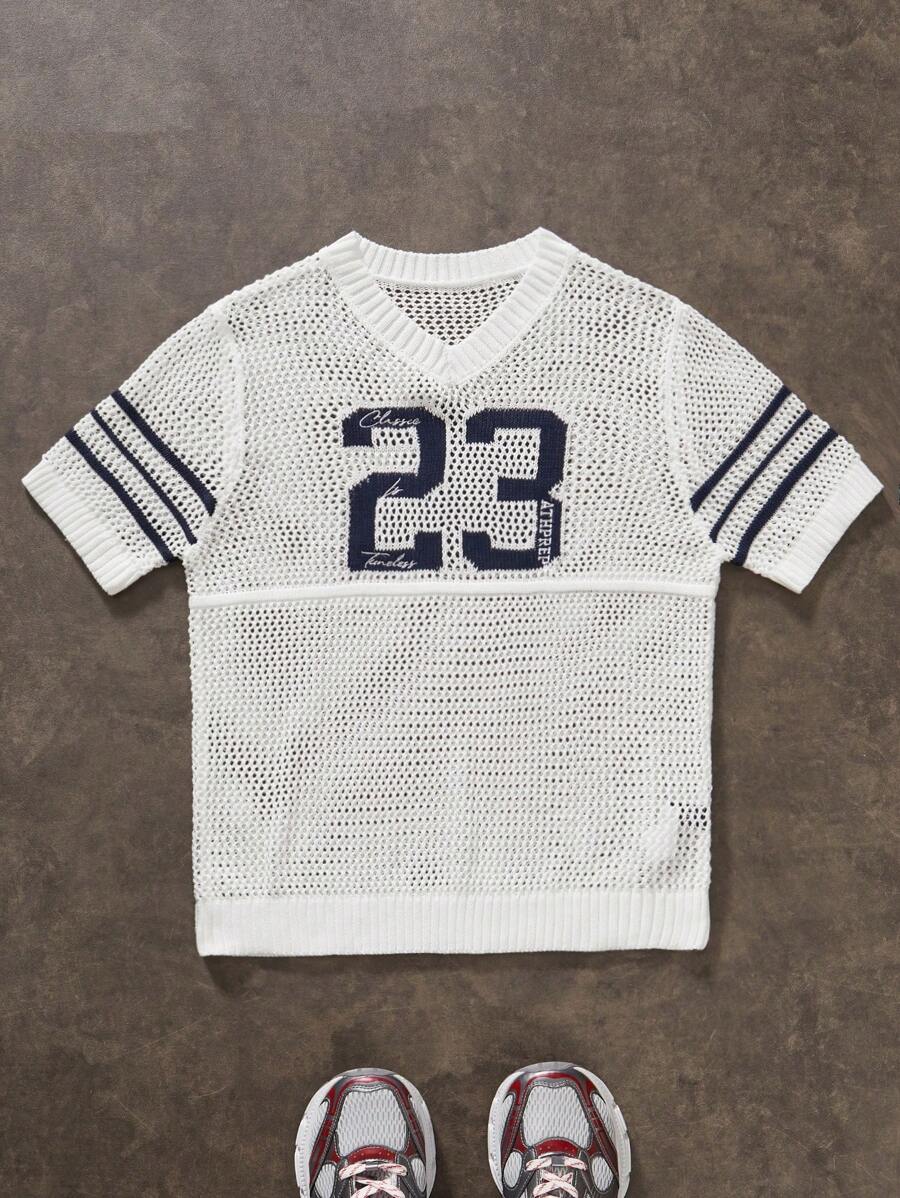 Manfinity Campus Court Aesthetic Post--Men's Casual Contrast Stripe & Numeric Perforated Knit Top, Summer - Multicolor - View 1