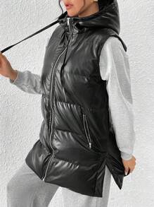 SHEIN Essnce Black Hooded Leather Down& Feathers Jacket With Double Pockets, Zipper, Windproof And Warm, 50% Filled Down& Feathers Down& Feathers Jacket, Side Slits, Metal Buckle, Adjustable Mid-Length Down& Feathers Jacket
