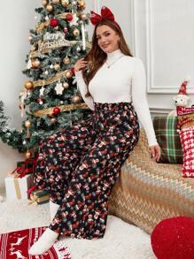 SHEIN LUNE Fall Outfits,Plus Size Women's Boots & Snowflakes Print Loose Long Pants, ,Casual Everyday Wear, New Years Women Outfit Holiday Outfit - Multicolor - View 5