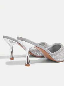 CUCCOO TILAWA Women Shoes Summer Rhinestone Glitters Upper Pointed Toe Mid-Heel Luxury Elegant Gorgeous Shining Silver Glitters Women's High-Heeled Shoes Mules High-Heeled Slippers Fashion Women's Shoes Slip-On Dress Shoes Party Banquet Wedding Formal Occasion Dress Shoes Fashion Party