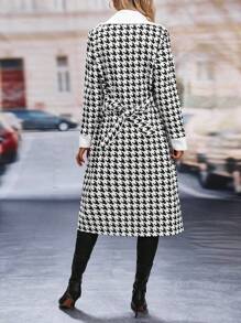 SHEIN Clasi Women's Colorblock Houndstooth Lapel Metal Double-Breasted Long Sleeve Elegant Woolen Coat, Autumn Winter