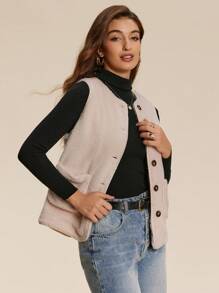 Chiquease Solid Color Front Button Sleeveless Pockets Casual Plush Faux Shearling Vest - Apricot - View 1