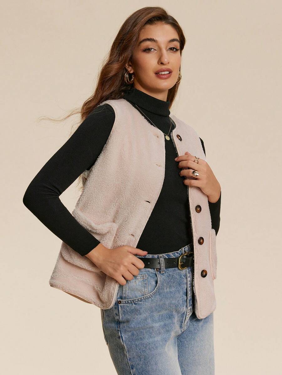 Chiquease Solid Color Front Button Sleeveless Pockets Casual Plush Faux Shearling Vest - Apricot - View 1