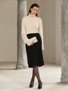 SHEIN Privé Minimalist Fashion High Neck Loose Long Sleeve Pullover Sweater, Knit Pullover Fall Winter - Khaki - View 5