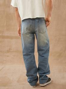 Men Premium 91% Cotton Denim And Repair Straight Leg Jeans - Medium Wash - View 5